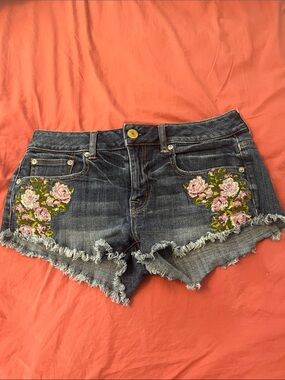 American Eagle Outfitters Dark Blue Denim Shorts with Pink Rose Embroidery